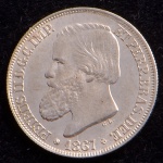Moeda do Brasil, Império, Valor 200 Reis, Ano 1867, Prata, Peso 2,5 g, Diâmetro 19 mm, com Patina - Soberba.