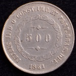 Moeda do Brasil, Império, Valor 500 Reis, Ano 1851, Prata, Peso 6,3 g, Diâmetro 25,5 mm, Soberba.