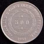 Moeda do Brasil, Império, Valor 500 Reis, Ano 1852, Prata, Peso 6,3 g, Diâmetro 25,5 mm, Soberba.