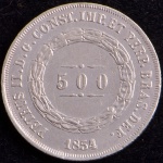 Moeda do Brasil, Império, Valor 500 Reis, Ano 1854, Prata, Peso 6,3 g, Diâmetro 25,5 mm, Soberba.