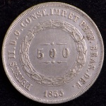 Moeda do Brasil, Império, Valor 500 Reis, Ano 1855, Prata, Peso 6,3 g, Diâmetro 25,5 mm, Soberba.