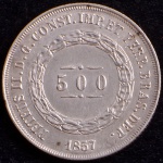 Moeda do Brasil, Império, Valor 500 Reis, Ano 1857, Prata, Peso 6,3 g, Diâmetro 25,5 mm, Soberba.
