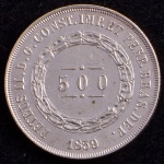 Moeda do Brasil, Império, Valor 500 Reis, Ano 1859, Prata, Peso 6,3 g, Diâmetro 25,5 mm, Soberba.