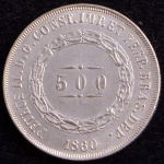 Moeda do Brasil, Império, Valor 500 Reis, Ano 1860, Prata, Peso 6,3 g, Diâmetro 25,5 mm, Soberba/FC.