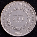 Moeda do Brasil, Império, Valor 500 Reis, Ano 1865, Prata, Peso 6,3 g, Diâmetro 25,5 mm, Soberba/FC.