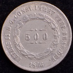 Moeda do Brasil, Império, Valor 500 Reis, Ano 1866, Prata, Peso 6,3 g, Diâmetro 25,5 mm, MBC/Soberba.