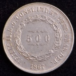 Moeda do Brasil, Império, Valor 500 Reis, Ano 1867, Prata, Peso 6,3 g, Diâmetro 25,5 mm, Soberba.