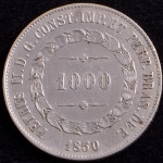 Moeda do Brasil, Império, Valor 1000 Reis, Ano 1850, Prata, Peso 12,75 g, Diâmetro 30 mm, Soberba.