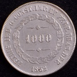 Moeda do Brasil, Império, Valor 1000 Reis, Ano 1852, Prata, Peso 12,75 g, Diâmetro 30 mm, Soberba.