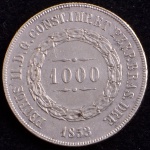 Moeda do Brasil, Império, Valor 1000 Reis, Ano 1853, Prata, Peso 12,75 g, Diâmetro 30 mm, Soberba.