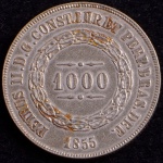 Moeda do Brasil, Império, Valor 1000 Reis, Ano 1855, Prata, Peso 12,75 g, Diâmetro 30 mm, Soberba.