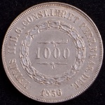 Moeda do Brasil, Império, Valor 1000 Reis, Ano 1856, Prata, Peso 12,75 g, Diâmetro 30 mm, Soberba.