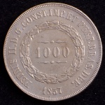 Moeda do Brasil, Império, Valor 1000 Reis, Ano 1857, Prata, Peso 12,75 g, Diâmetro 30 mm, Soberba.