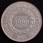 Moeda do Brasil, Império, Valor 1000 Reis, Ano 1858, Prata, Peso 12,75 g, Diâmetro 30 mm, Soberba.