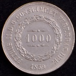 Moeda do Brasil, Império, Valor 1000 Reis, Ano 1859, Prata, Peso 12,75 g, Diâmetro 30 mm, Soberba/FC.