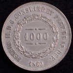 Moeda do Brasil, Império, Valor 1000 Reis, Ano 1860, Prata, Peso 12,75 g, Diâmetro 30 mm, Soberba.