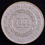 Moeda do Brasil, Império, Valor 1000 Reis, Ano 1861, Prata, Peso 12,75 g, Diâmetro 30 mm, Soberba.
