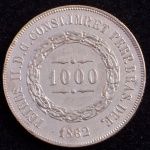 Moeda do Brasil, Império, Valor 1000 Reis, Ano 1862, Prata, Peso 12,75 g, Diâmetro 30 mm, Soberba.