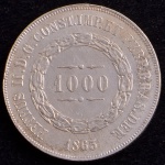 Moeda do Brasil, Império, Valor 1000 Reis, Ano 1863, Prata, Peso 12,75 g, Diâmetro 30 mm, Soberba.