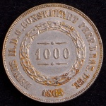 Moeda do Brasil, Império, Valor 1000 Reis, Ano 1865, Prata, Peso 12,75 g, Diâmetro 30 mm, Soberba.