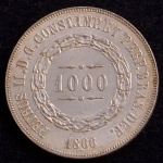 Moeda do Brasil, Império, Valor 1000 Reis, Ano 1866, Prata, Peso 12,75 g, Diâmetro 30 mm, Soberba/FC.