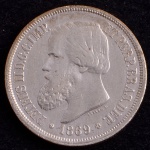 Moeda do Brasil, Império, Valor 1000 Reis, Ano 1869, Prata, Peso 12,5 g, Diâmetro 30 mm, Soberba.
