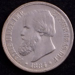 Moeda do Brasil, Império, Valor 1000 Reis, Ano 1884, Prata, Peso 12,5 g, Diâmetro 30 mm, Soberba.