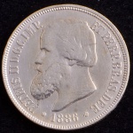 Moeda do Brasil, Império, Valor 1000 Reis, Ano 1886, Prata, Peso 12,5 g, Diâmetro 30 mm, Soberba.