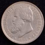 Moeda do Brasil, Império, Valor 1000 Reis, Ano 1888, Prata, Peso 12,5 g, Diâmetro 30 mm, Soberba.