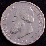 Moeda do Brasil, Império, Valor 1000 Reis, Ano 1889, Prata, Peso 12,5 g, Diâmetro 30 mm, Soberba.
