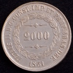Moeda do Brasil, Império, Valor 2000 Reis, Ano 1851, Prata, Peso 25,5 g, Diâmetro 37 mm, Soberba.