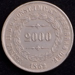 Moeda do Brasil, Império, Valor 2000 Reis, Ano 1852, Prata, Peso 25,5 g, Diâmetro 37 mm, Soberba.