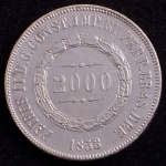 Moeda do Brasil, Império, Valor 2000 Reis, Ano 1853, Prata, Peso 25,5 g, Diâmetro 37 mm, Soberba.