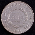 Moeda do Brasil, Império, Valor 2000 Reis, Ano 1854, Prata, Peso 25,5 g, Diâmetro 37 mm, Soberba.