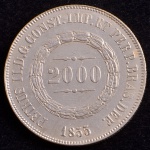 Moeda do Brasil, Império, Valor 2000 Reis, Ano 1855, Prata, Peso 25,5 g, Diâmetro 37 mm, Soberba.