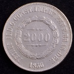 Moeda do Brasil, Império, Valor 2000 Reis, Ano 1856, Prata, Peso 25,5 g, Diâmetro 37 mm, Soberba.