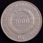 Moeda do Brasil, Império, Valor 2000 Reis, Ano 1857, Prata, Peso 25,5 g, Diâmetro 37 mm, Soberba.
