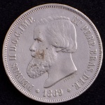 Moeda do Brasil, Império, Valor 2000 Reis, Ano 1869, Prata, Peso 25,5 g, Diâmetro 37 mm, Soberba.