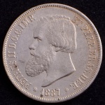 Moeda do Brasil, Império, Valor 2000 Reis, Ano 1887, Prata, Peso 25,5 g, Diâmetro 37 mm, Soberba/FC.