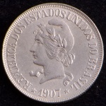 Moeda do Brasil, República, Valor 500 Reis, Ano 1907, Prata, Peso 5 g, Diâmetro 22 mm, Soberba/FC.
