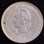 Moeda do Brasil, República, Valor 500 Reis, Ano 1906, Prata, Peso 5 g, Diâmetro 22 mm, Soberba/FC.