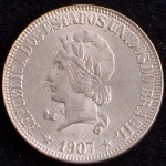 Moeda do Brasil, República, Valor 1000 Reis, Ano 1907, Prata, Peso 10 g, Diâmetro 26 mm, Soberba/FC.