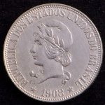 Moeda do Brasil, República, Valor 1000 Reis, Ano 1908, Prata, Peso 10 g, Diâmetro 26 mm, Soberba/FC.
