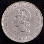 Moeda do Brasil, República, Valor 1000 Reis, Ano 1909, Prata, Peso 10 g, Diâmetro 26 mm, Soberba/FC.