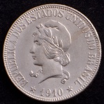 Moeda do Brasil, República, Valor 1000 Reis, Ano 1910, Prata, Peso 10 g, Diâmetro 26 mm, Soberba/FC.