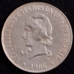 Moeda do Brasil, República, Valor 2000 Reis, Ano 1906, Prata, Peso 20 g, Diâmetro 33 mm, Soberba.