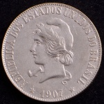 Moeda do Brasil, República, Valor 2000 Reis, Ano 1907, Prata, Peso 20 g, Diâmetro 33 mm, Soberba.