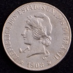 Moeda do Brasil, República, Valor 2000 Reis, Ano 1908, Prata, Peso 20 g, Diâmetro 33 mm, Soberba.