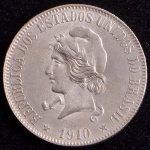 Moeda do Brasil, República, Valor 2000 Reis, Ano 1910, Prata, Peso 20 g, Diâmetro 33 mm, Brilho de Cunhagem, Soberba/FC.