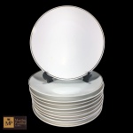RIO BRANCO -  196265 -  DEZ PRATOS RASOS EM PORCELANA RIO BRANCO NA COR BRANCA COM BORDAS FILETADAS A OURO - MED 24,5 CM - UM APRESENTA BICADO.